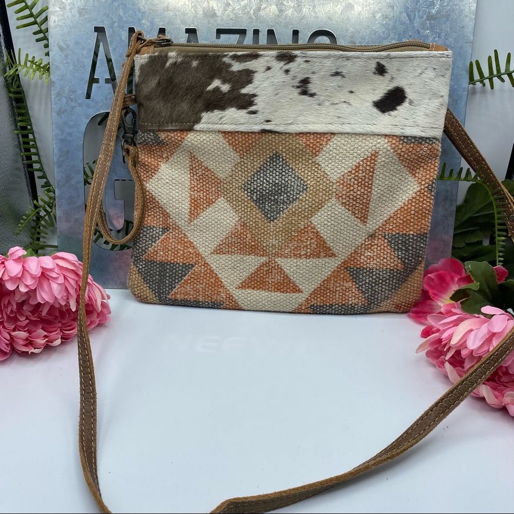 Myra Bag Aztec Cow print Crossbody Canvas Leather